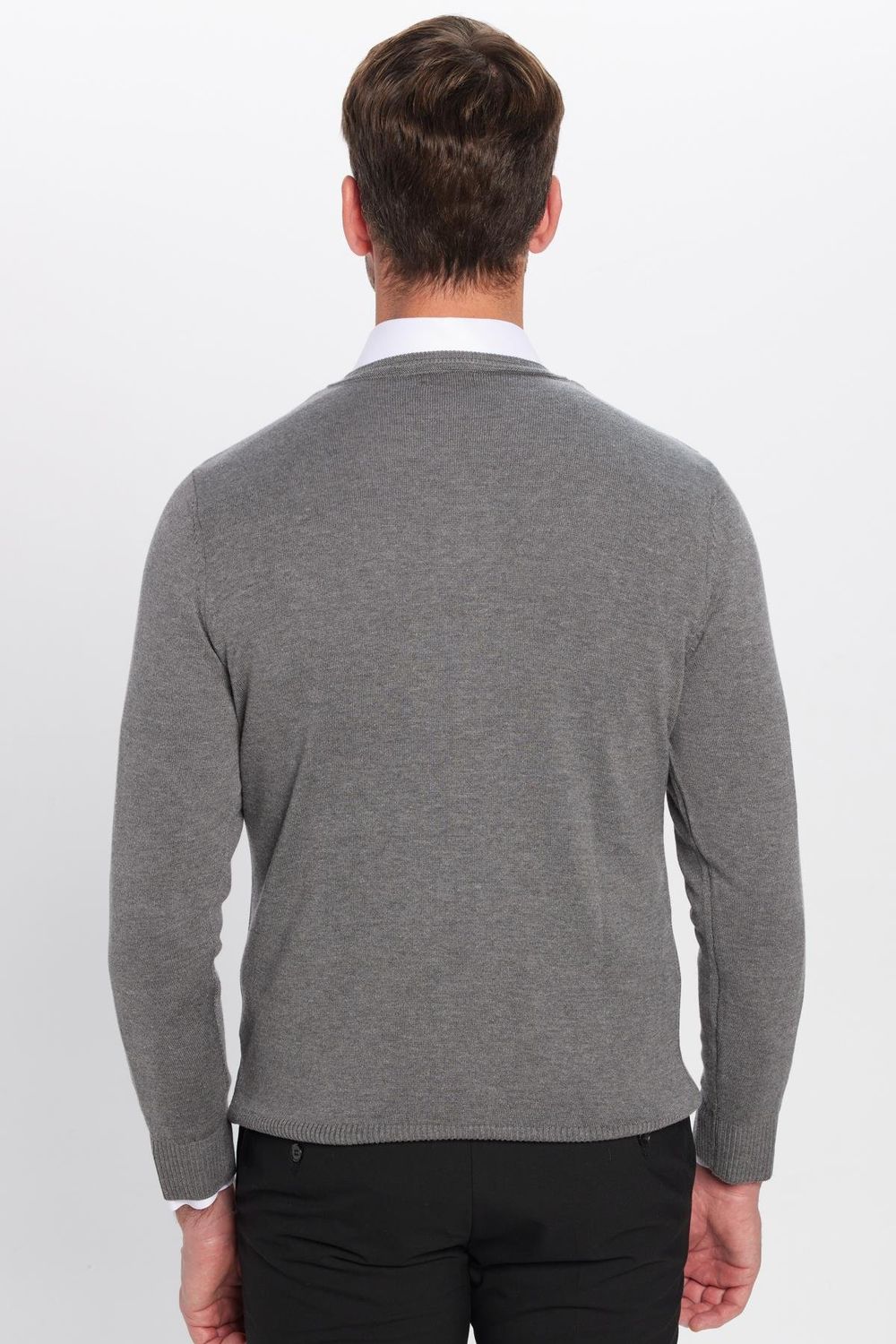 Erkek Slim Fit V Yaka Pamuklu Gri Triko Kazak