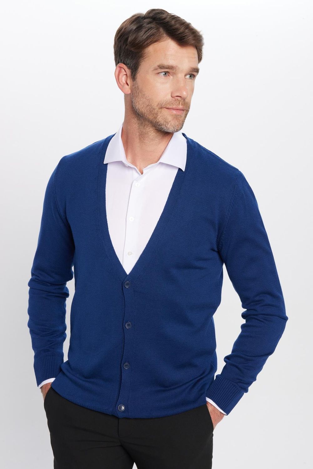 Erkek Slim Fit Düğmeli Düz Pamuk Lacivert Hırka