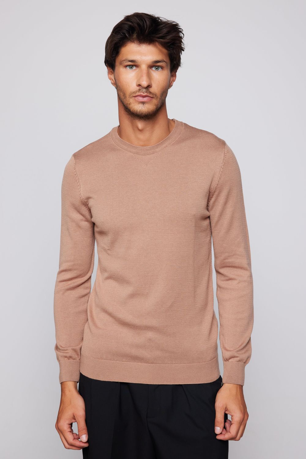 Slim Fit Bisiklet Yaka Krem Erkek Kazak