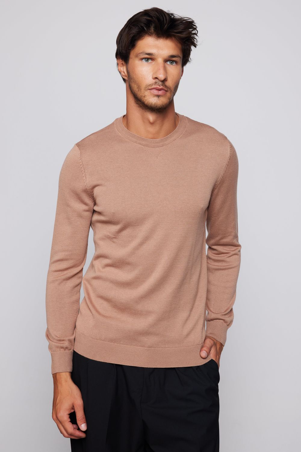 Slim Fit Bisiklet Yaka Krem Erkek Kazak