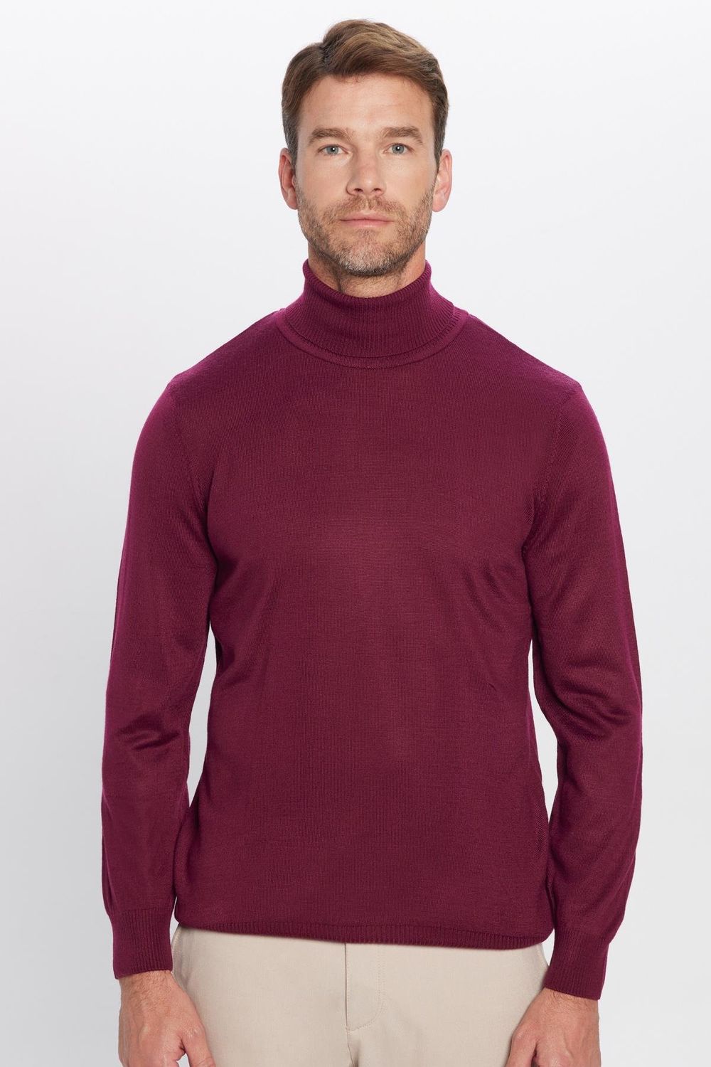 Erkek Slim Fit Tam Boğazlı Yaka Düz Yün Bordo Triko Kazak