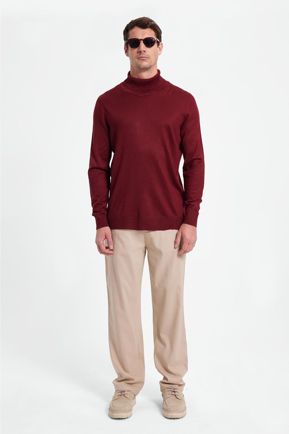 Slim Fit Tam Boğazlı Yaka Düz Yün Bordo Erkek Triko Kazak