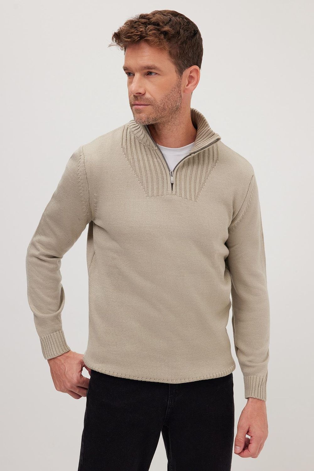 Erkek Slim Fit Dar Kesim Armürlü Fermuarlı Yeşil Dik Yaka Kazak