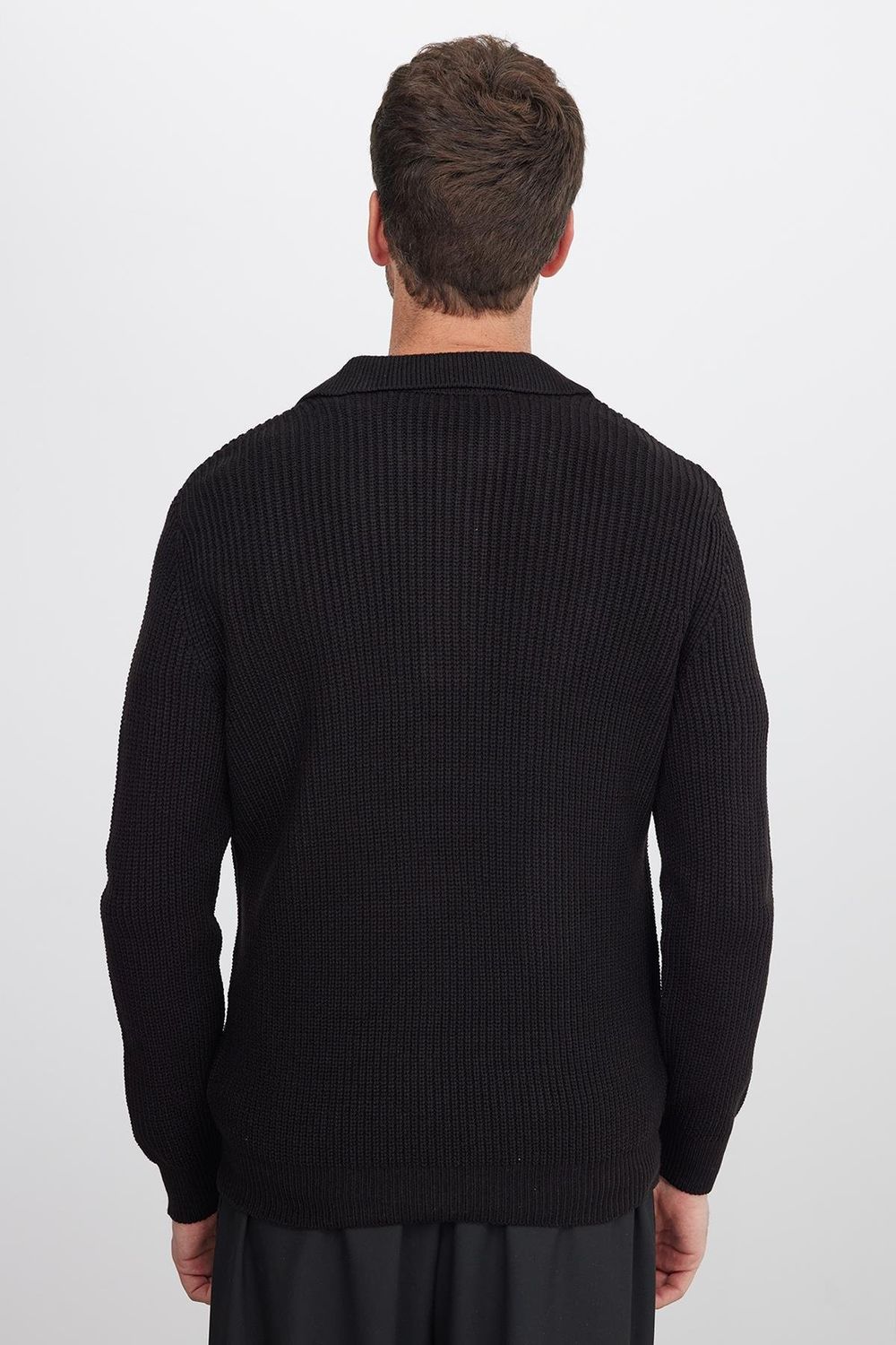 Erkek Slim Fit Dar Kesim Polo Yaka Siyah Kazak