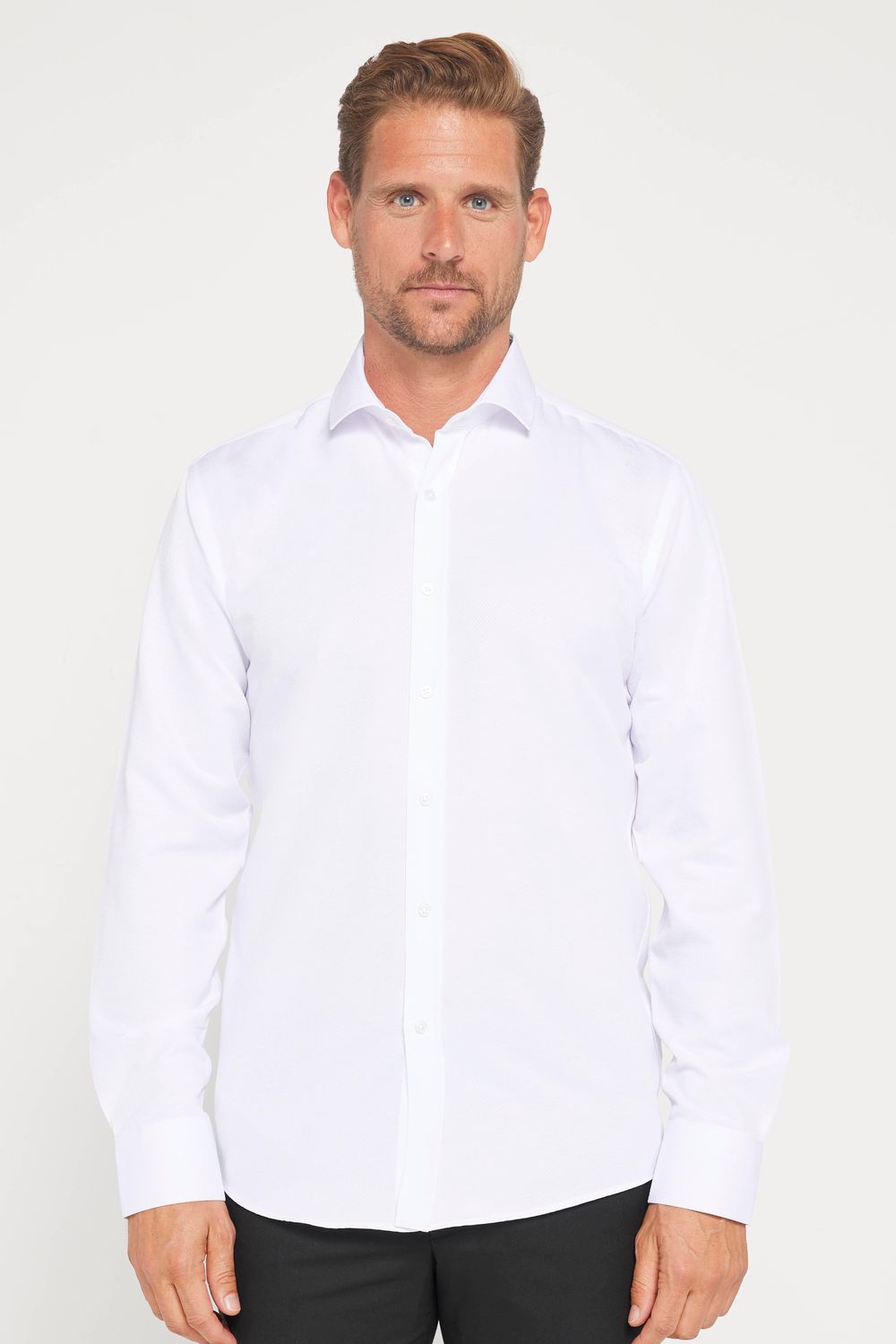 Modern Slim Fit Uzun Kollu Pamuklu Kolay Ütü Armürlü Erkek Beyaz Gömlek