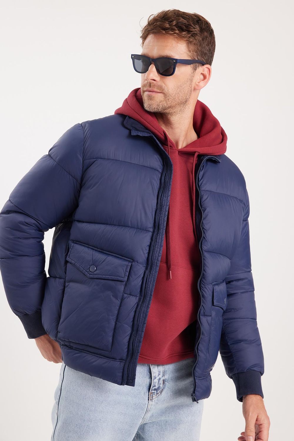 Erkek Regular Fit Klasik Kesim Çift Cepli Lastikli Dik Yaka Lacivert Mont