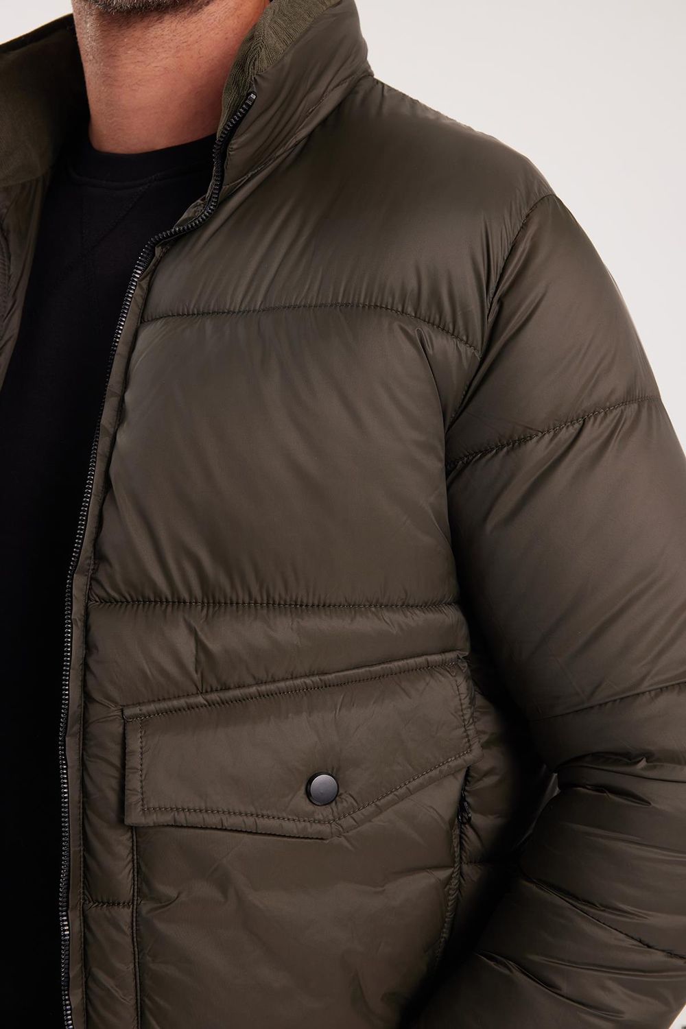 Erkek Regular Fit Klasik Kesim Çift Cepli Lastikli Dik Yaka Haki Mont