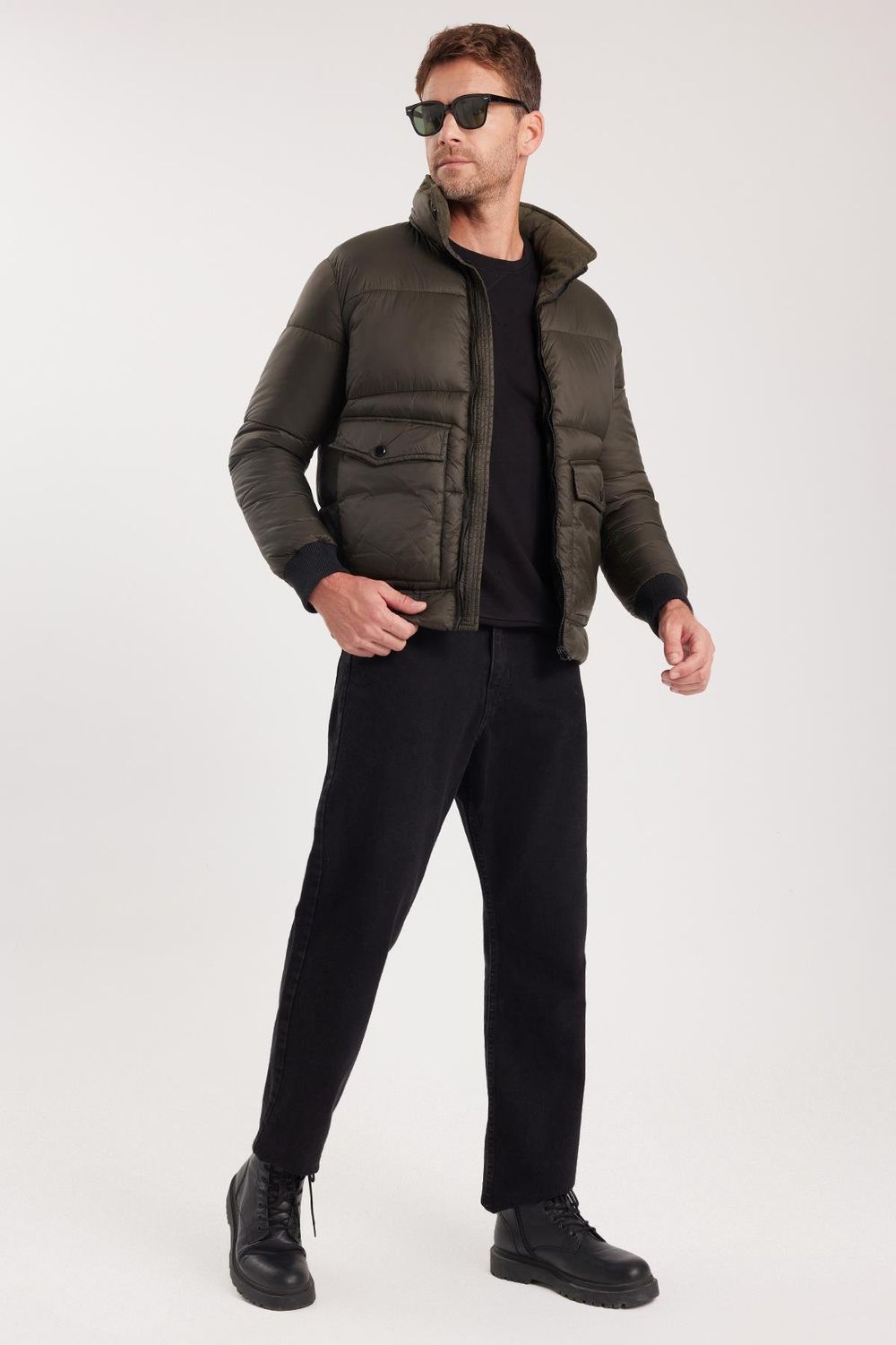 Erkek Regular Fit Klasik Kesim Çift Cepli Lastikli Dik Yaka Haki Mont