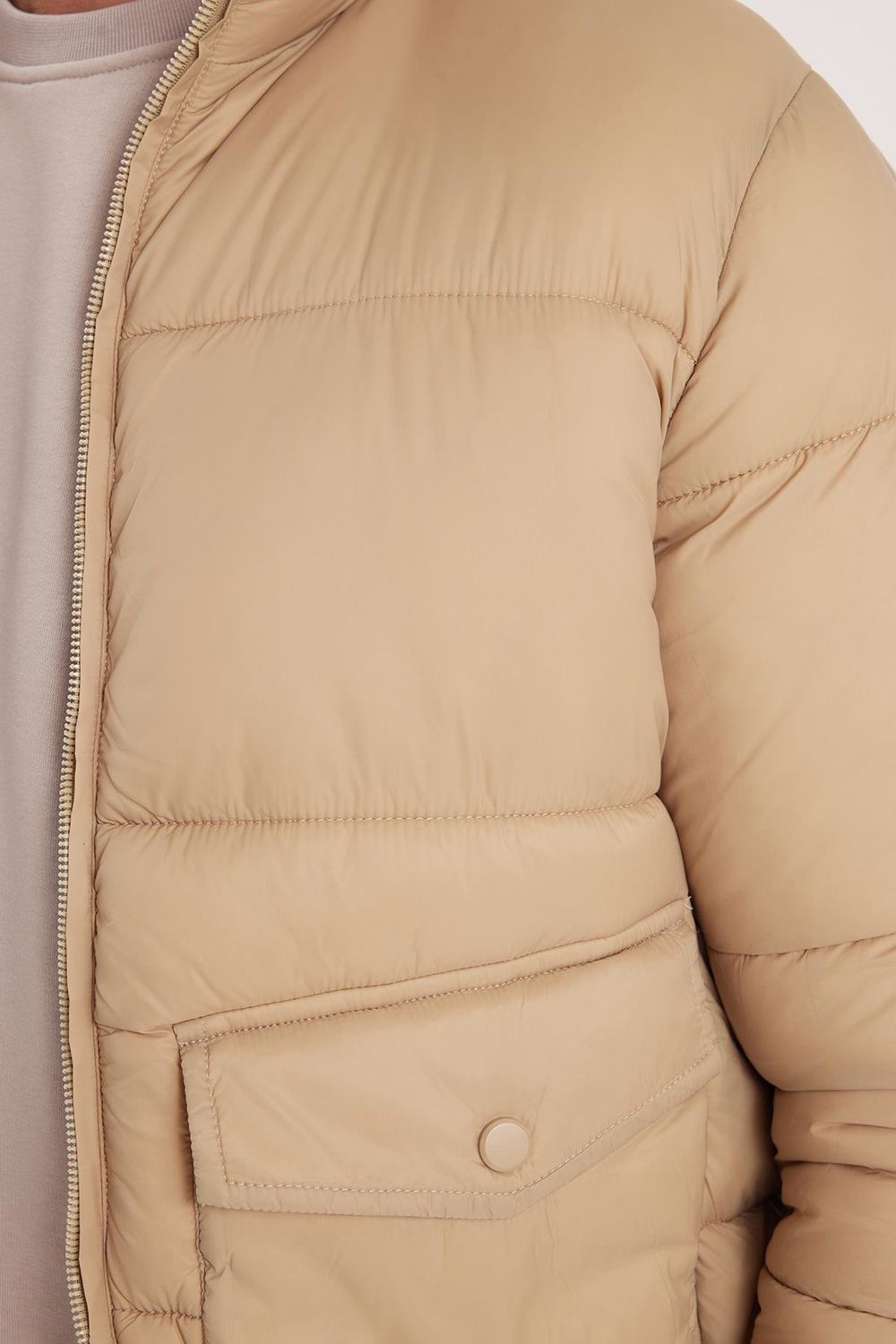 Erkek Regular Fit Klasik Kesim Çift Cepli Lastikli Dik Yaka Bej Mont