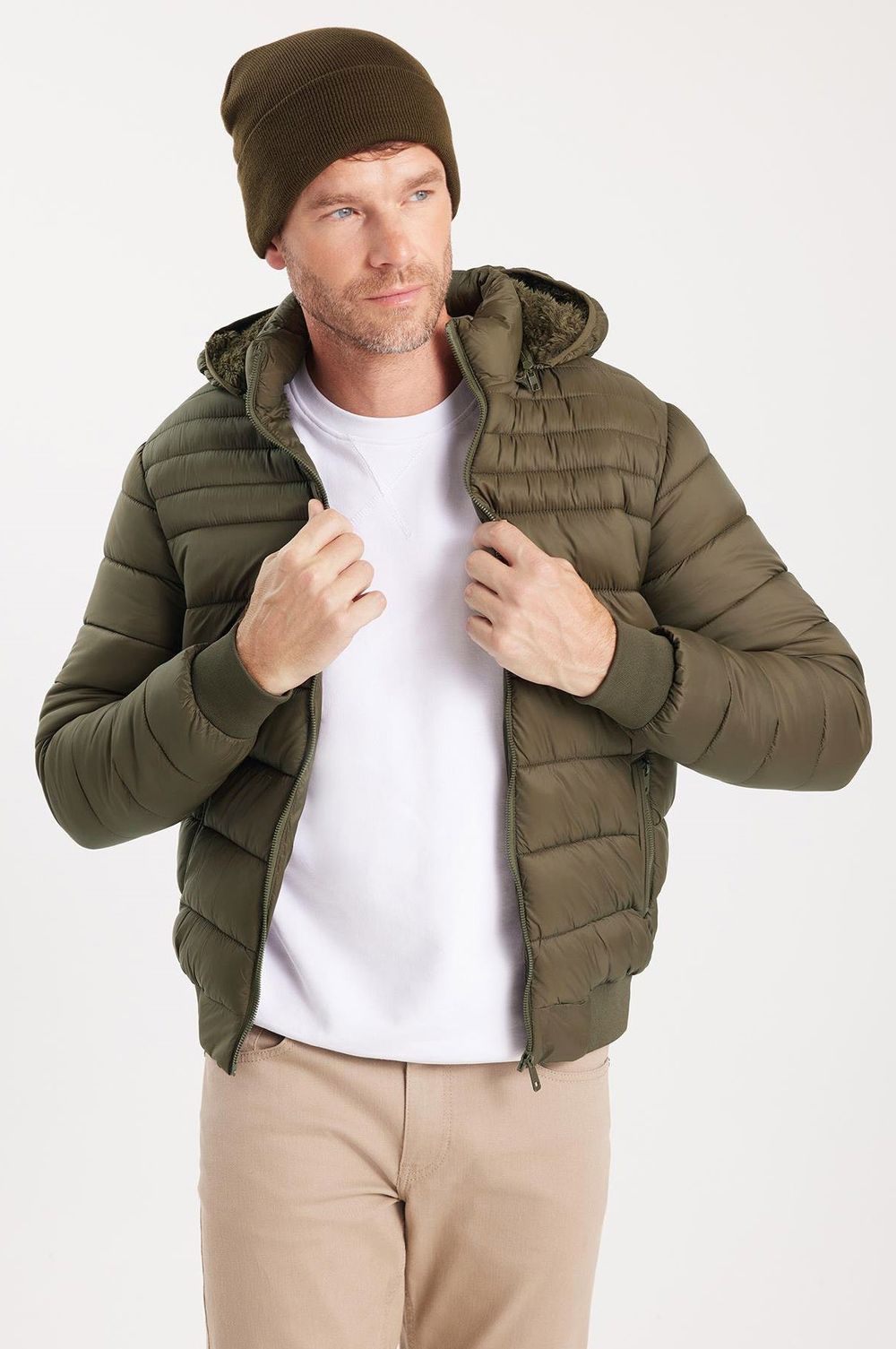 Erkek Relax Fit Rahat Kesim Çift Cepli Kapüşonlu Sıcak Tutan İçi Kürklü Haki Mont