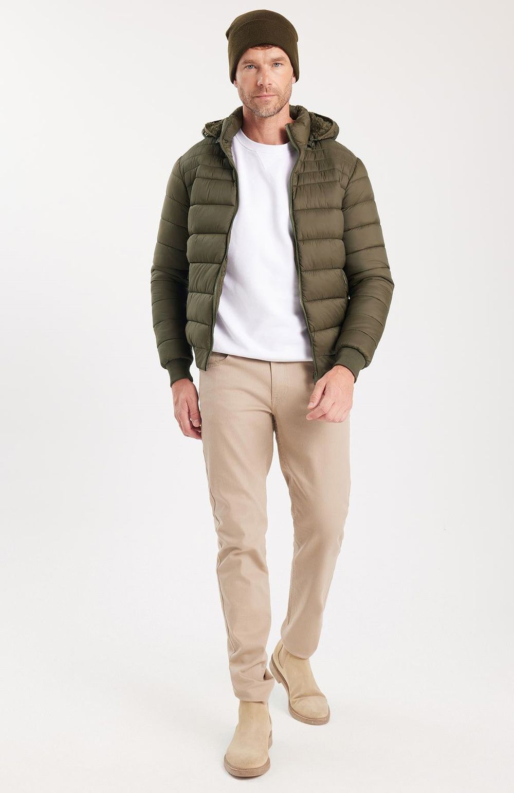 Erkek Relax Fit Rahat Kesim Çift Cepli Kapüşonlu Sıcak Tutan İçi Kürklü Haki Mont