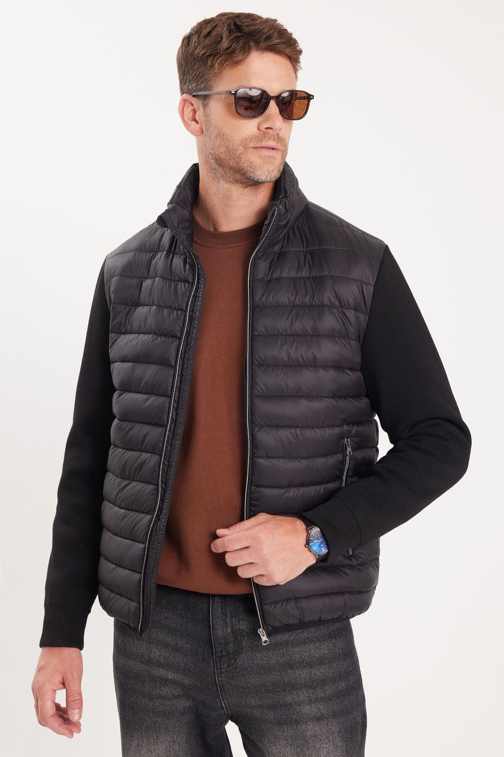 Erkek Relax Fit Rahat Kesim Kapitone Kollar Triko Çift Cepli Siyah Mont