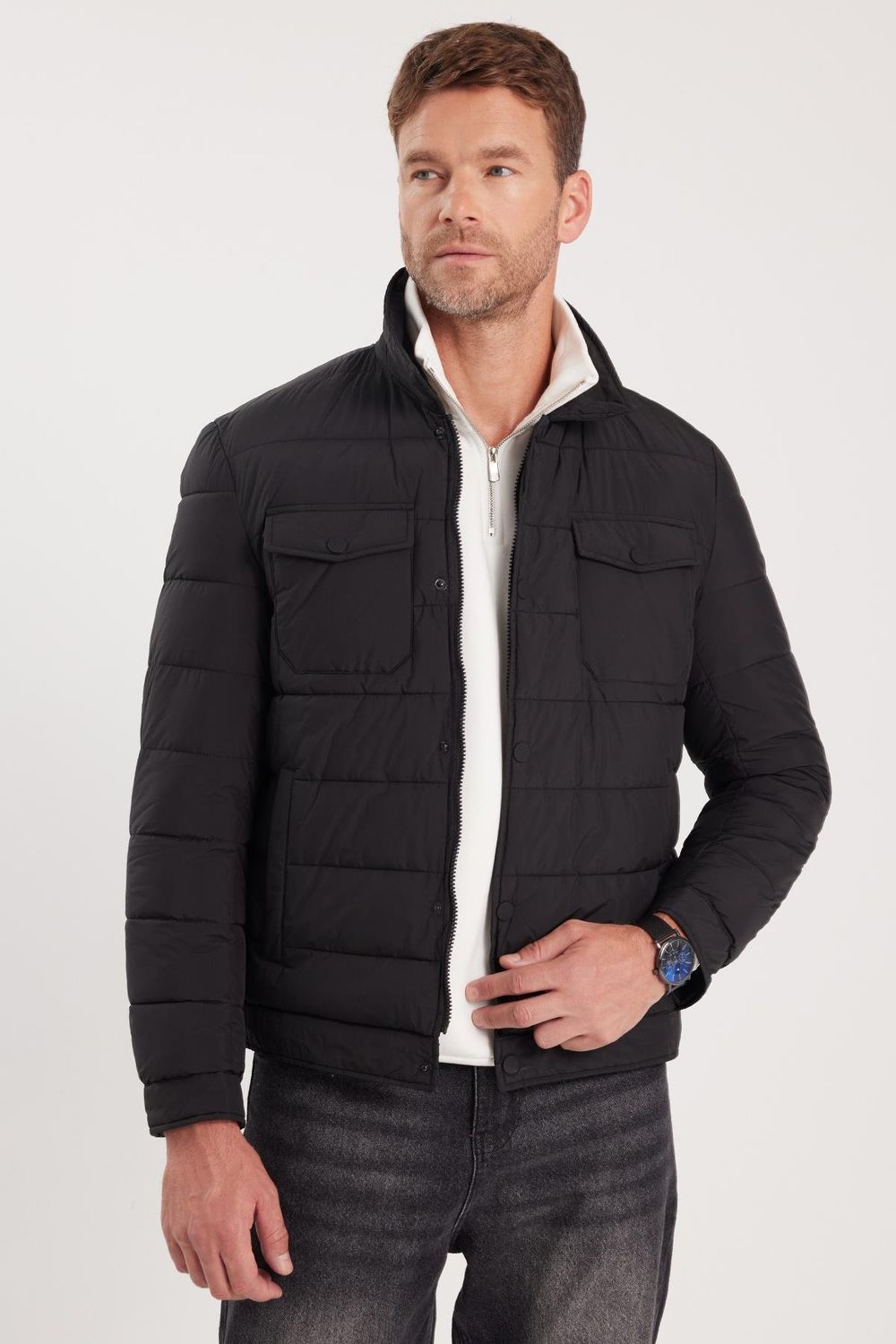 Erkek Regular Fit Klasik Kesim Çift Cepli Çıtçıt Kapamalı Siyah Mont
