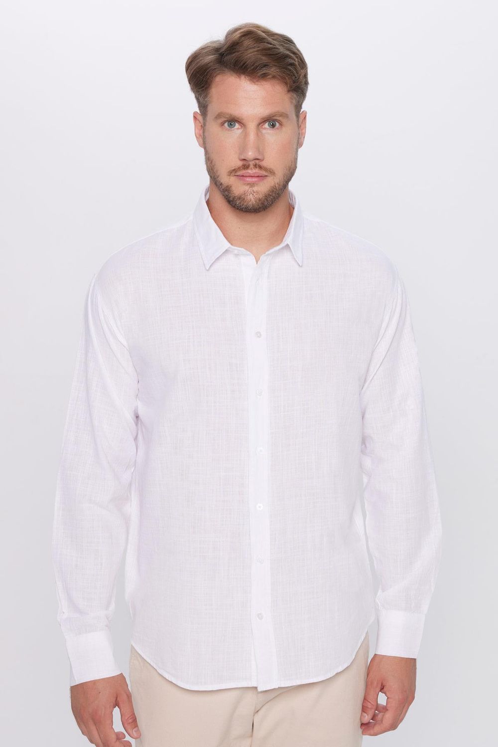 Erkek Relax Fit Rahat Kesim %100 Pamuk Keten Doku Beyaz Gömlek