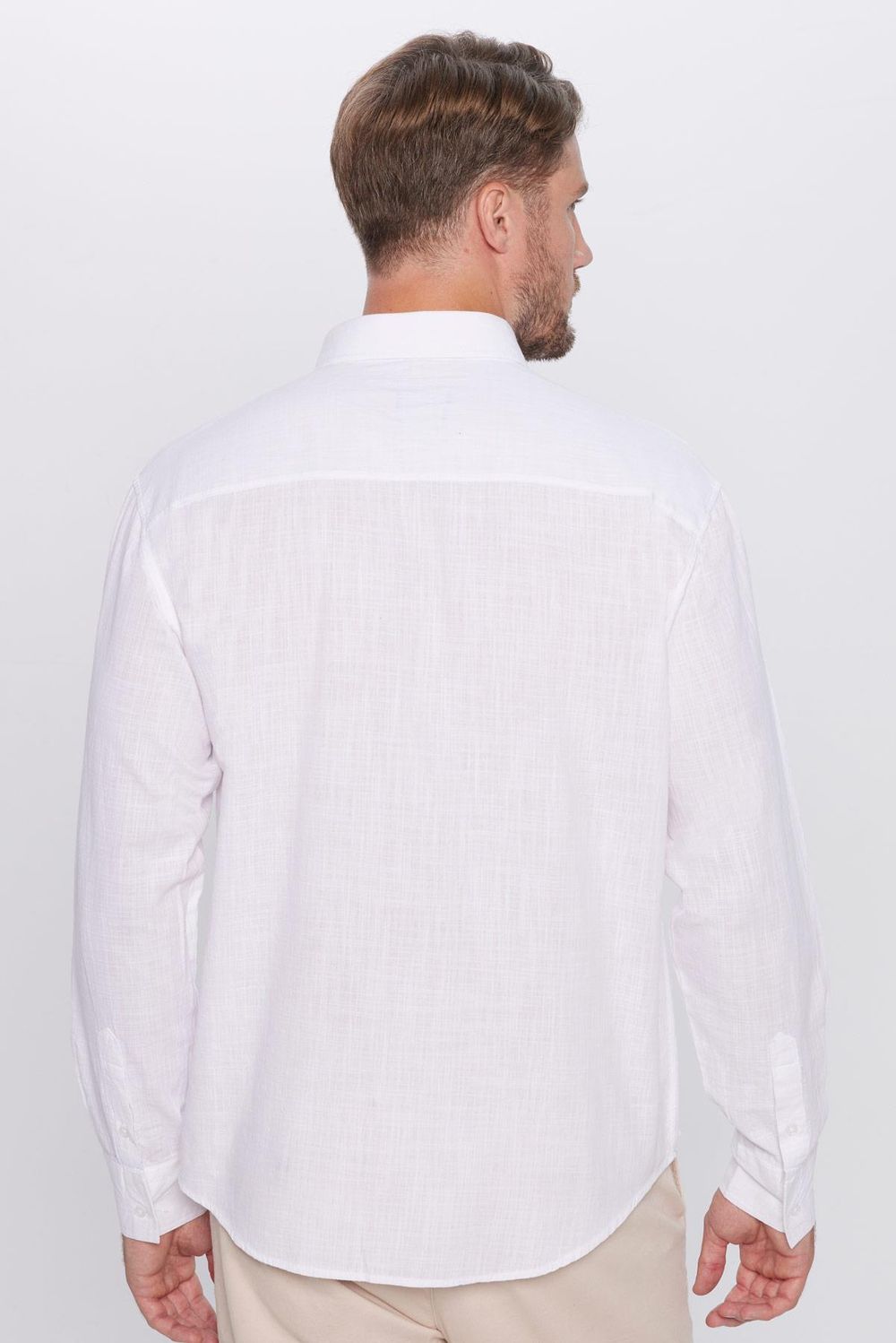 Erkek Relax Fit Rahat Kesim %100 Pamuk Keten Doku Beyaz Gömlek