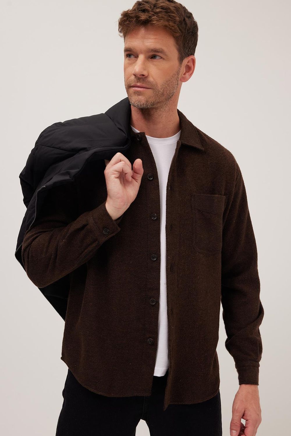 Erkek Relax Fit Rahat Kesim Oduncu Tek Cepli Kapaklı Armürlü Kahverengi Apaş Yaka Kışlık Gömlek
