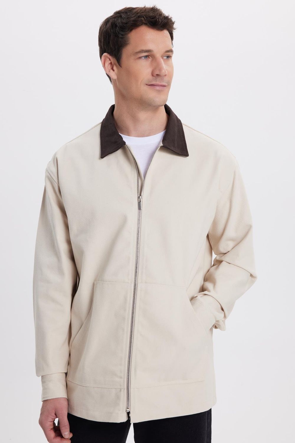 Erkek Relax Fit Rahat Kesim Gabardin Düz Fermuarlı Kanguru Cepli Kontrast Yaka Bej Gömlek Ceket