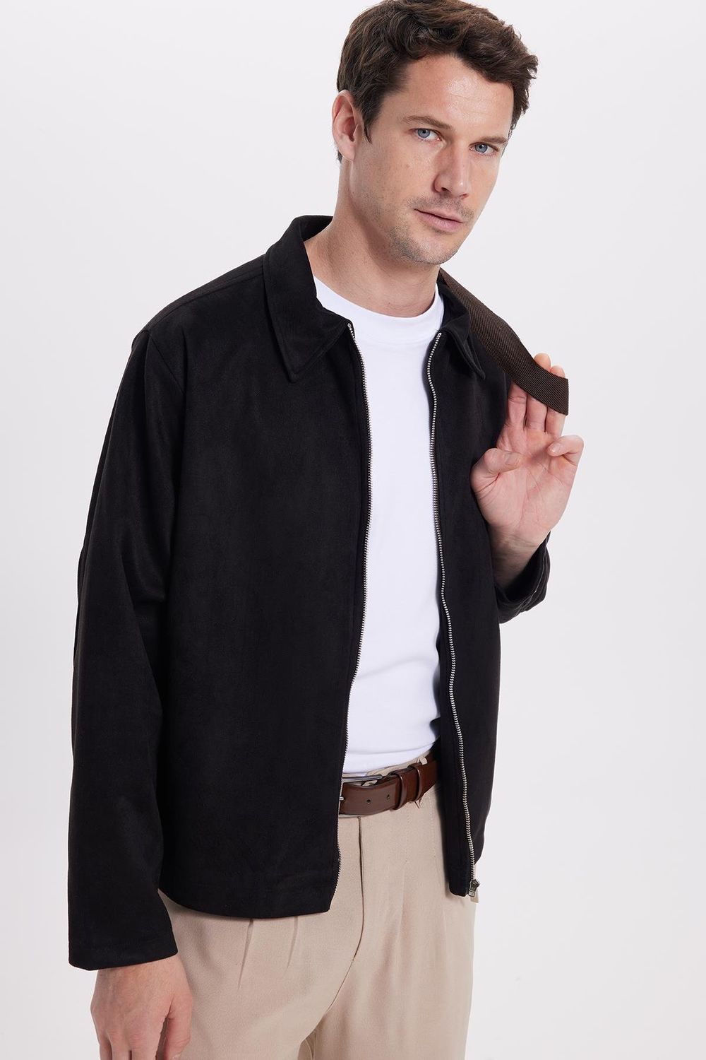 Erkek Relax Fit Rahat Kesim Süet Fermuarlı Astarlı Cepli Siyah Kolej Ceket Mont