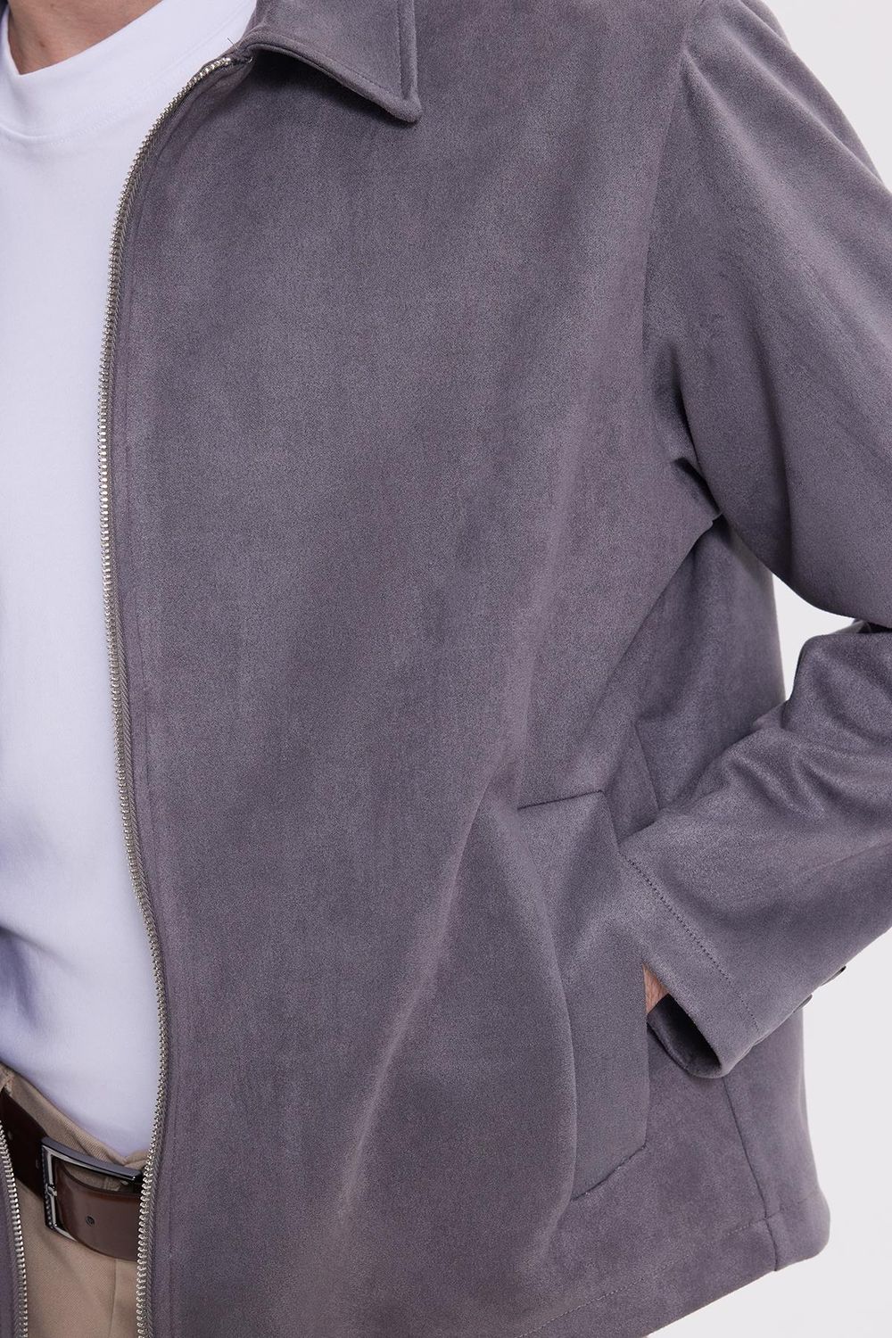 Erkek Relax Fit Rahat Kesim Süet Fermuarlı Astarlı Cepli Gri Kolej Ceket Mont