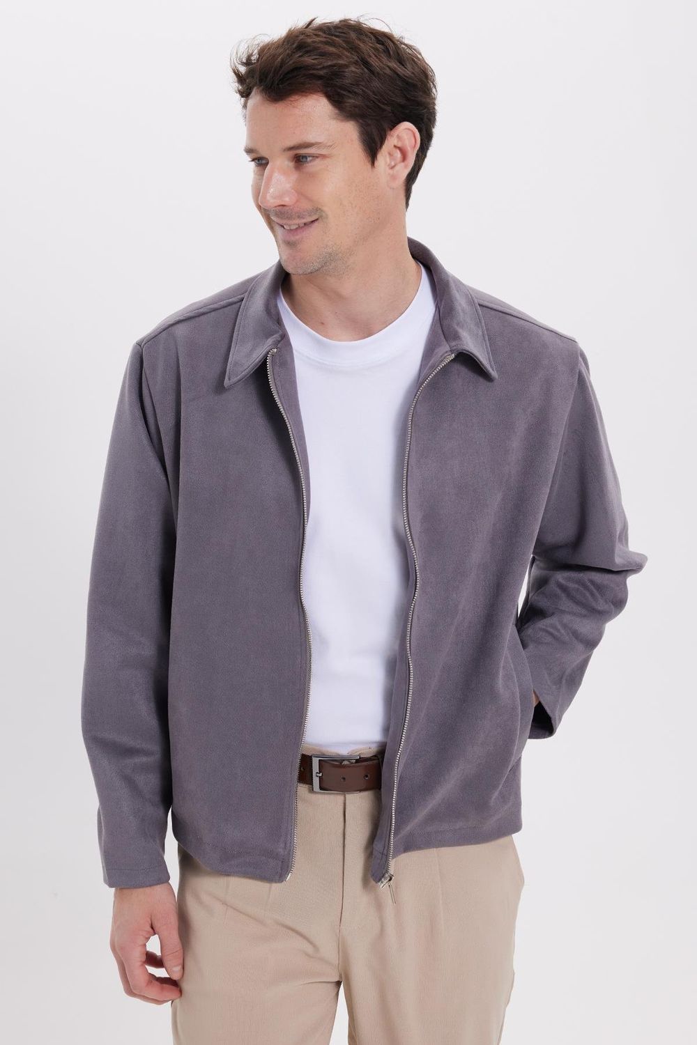 Erkek Relax Fit Rahat Kesim Süet Fermuarlı Astarlı Cepli Gri Kolej Ceket Mont