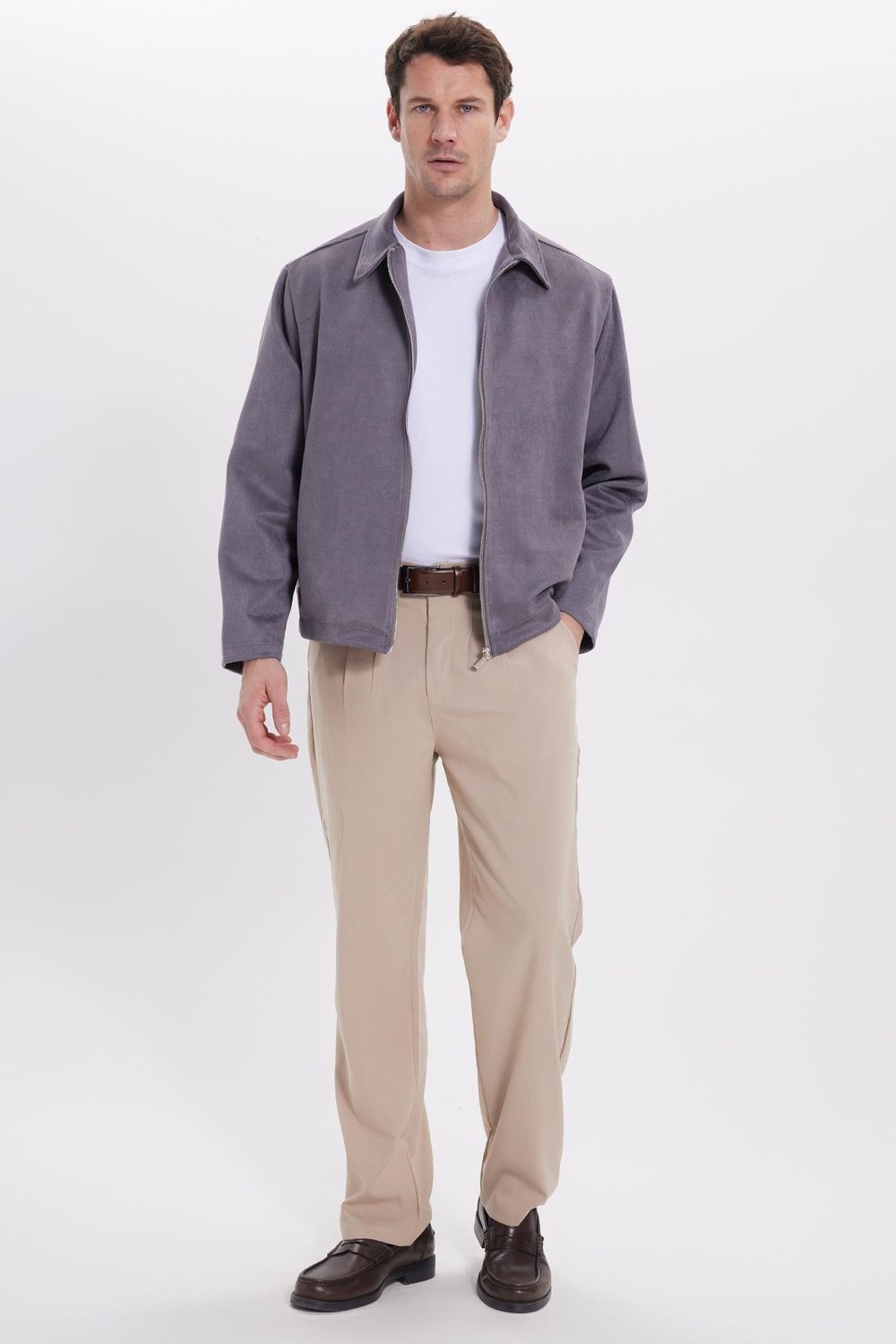 Erkek Relax Fit Rahat Kesim Süet Fermuarlı Astarlı Cepli Gri Kolej Ceket Mont