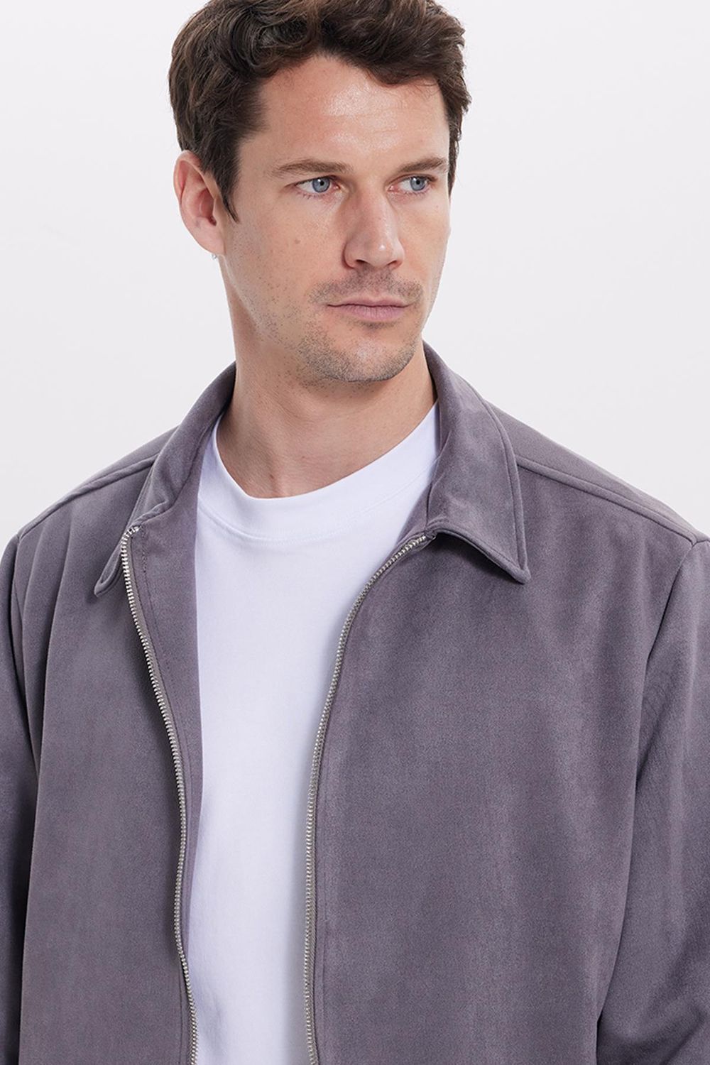 Erkek Relax Fit Rahat Kesim Süet Fermuarlı Astarlı Cepli Gri Kolej Ceket Mont