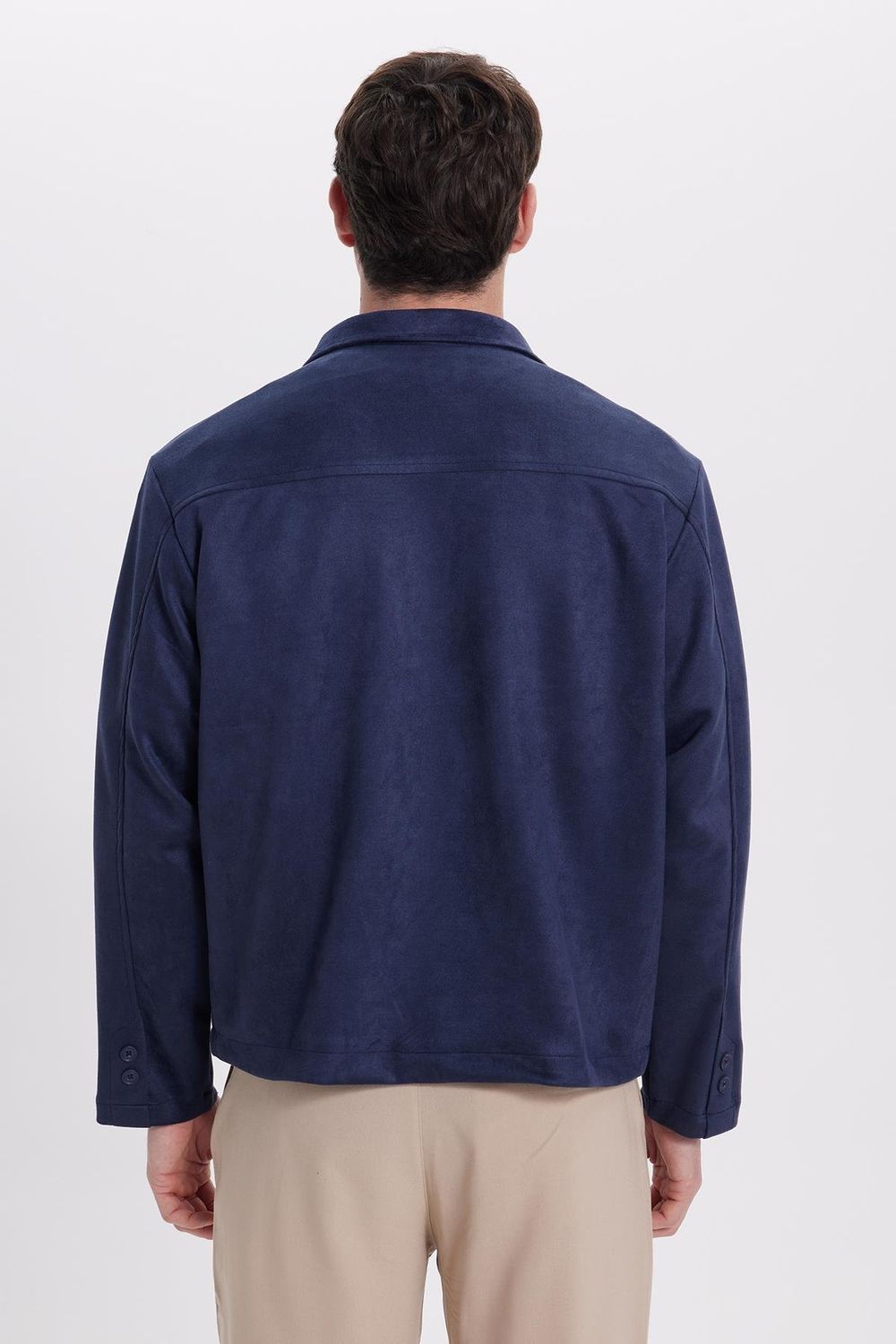 Erkek Relax Fit Rahat Kesim Süet Fermuarlı Astarlı Cepli Lacivert Kolej Ceket Mont