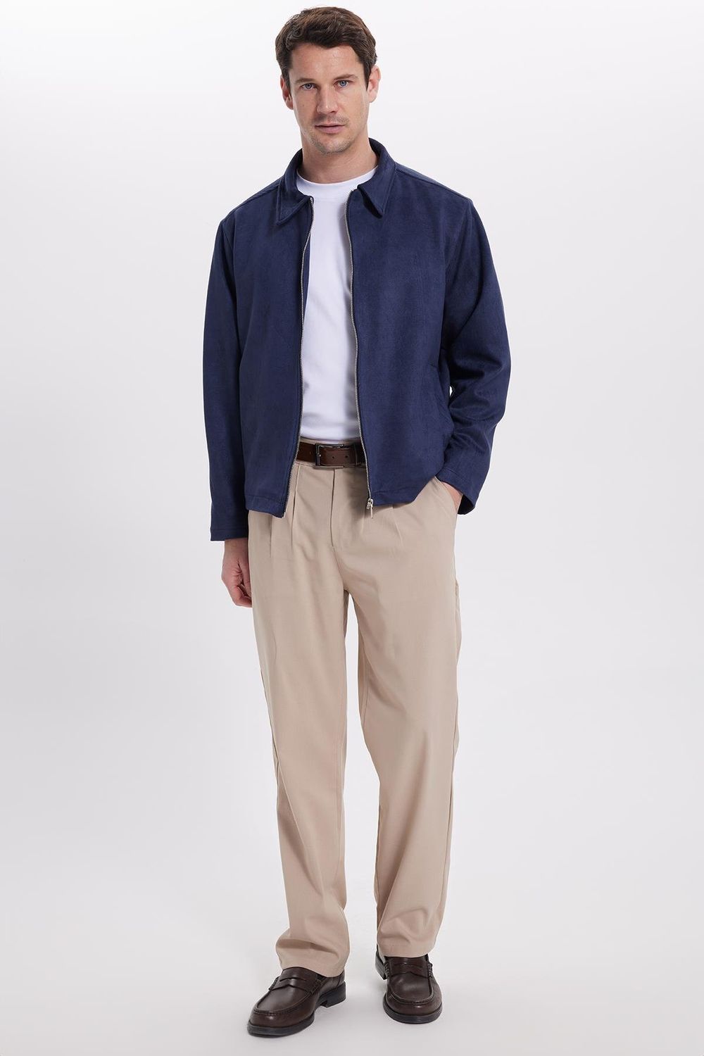 Erkek Relax Fit Rahat Kesim Süet Fermuarlı Astarlı Cepli Lacivert Kolej Ceket Mont