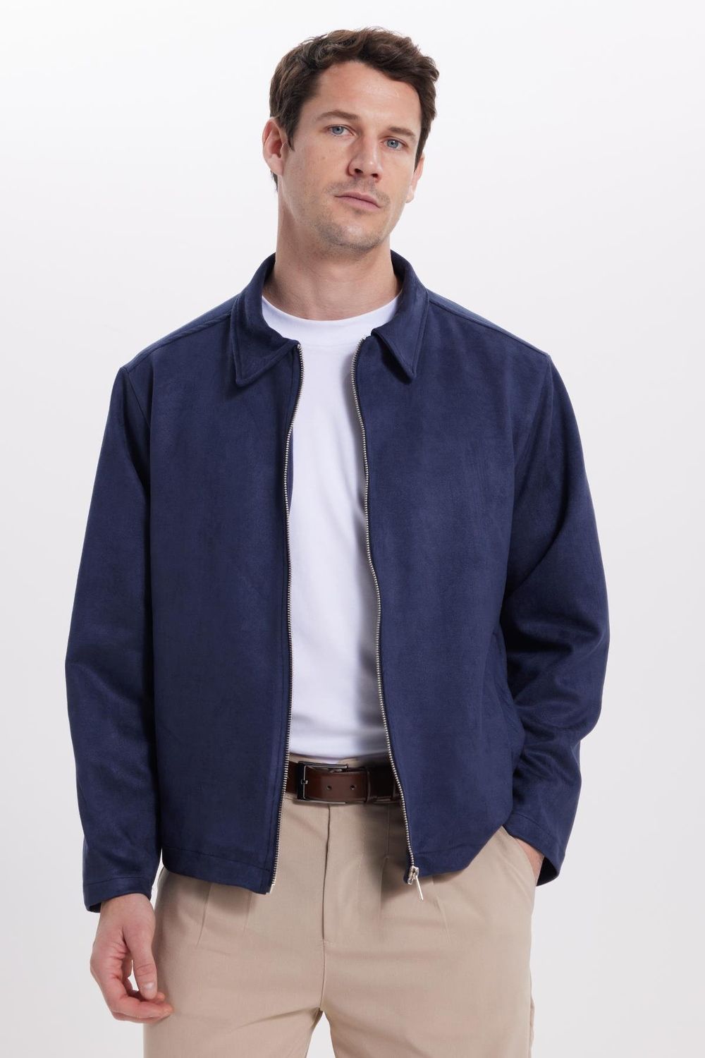 Erkek Relax Fit Rahat Kesim Süet Fermuarlı Astarlı Cepli Lacivert Kolej Ceket Mont