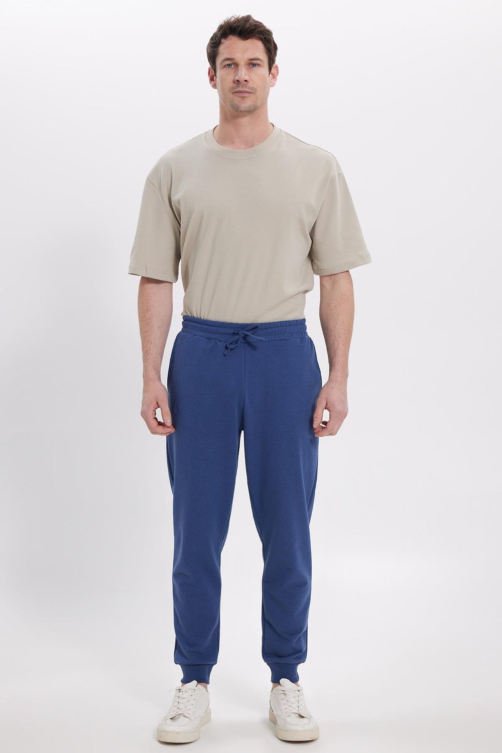 Erkek Regular Fit Klasik Kesim Beli Bağcıklı Jogger Cepli Lastikli Paça İndigo Eşofman Altı