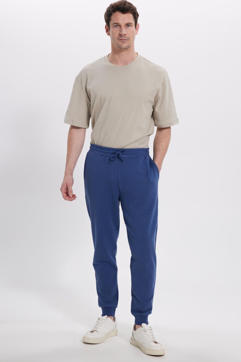Erkek Regular Fit Klasik Kesim Beli Bağcıklı Jogger Cepli Lastikli Paça İndigo Eşofman Altı