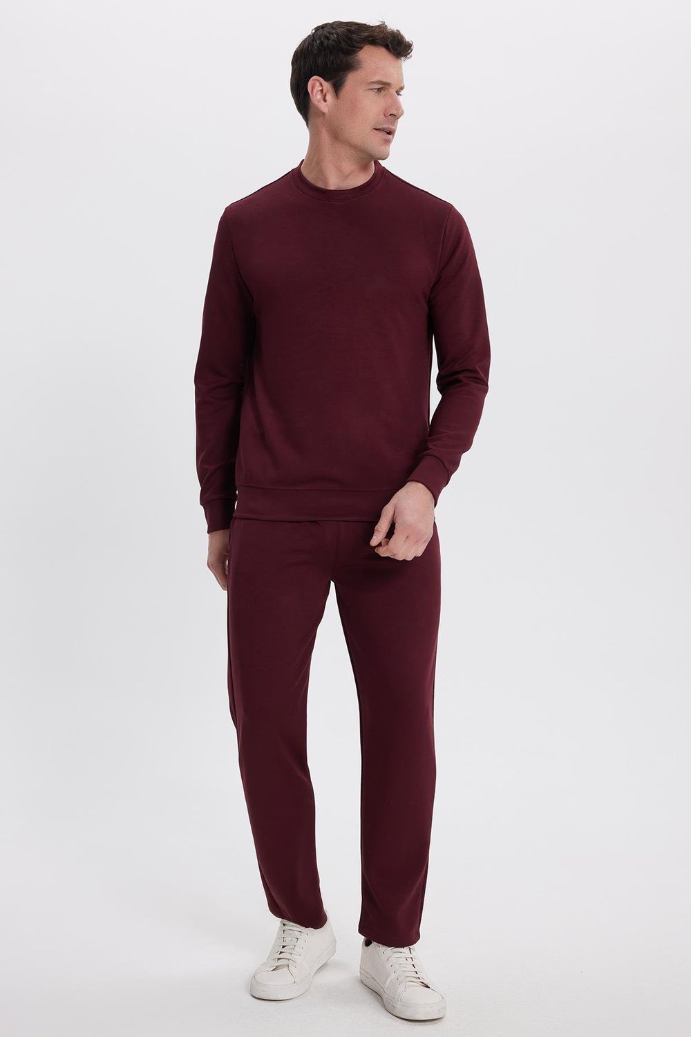 Erkek Slim Fit Dar Kesim Beli Bağcıklı 3 Cepli Geniş Paça Bordo Eşofman Altı