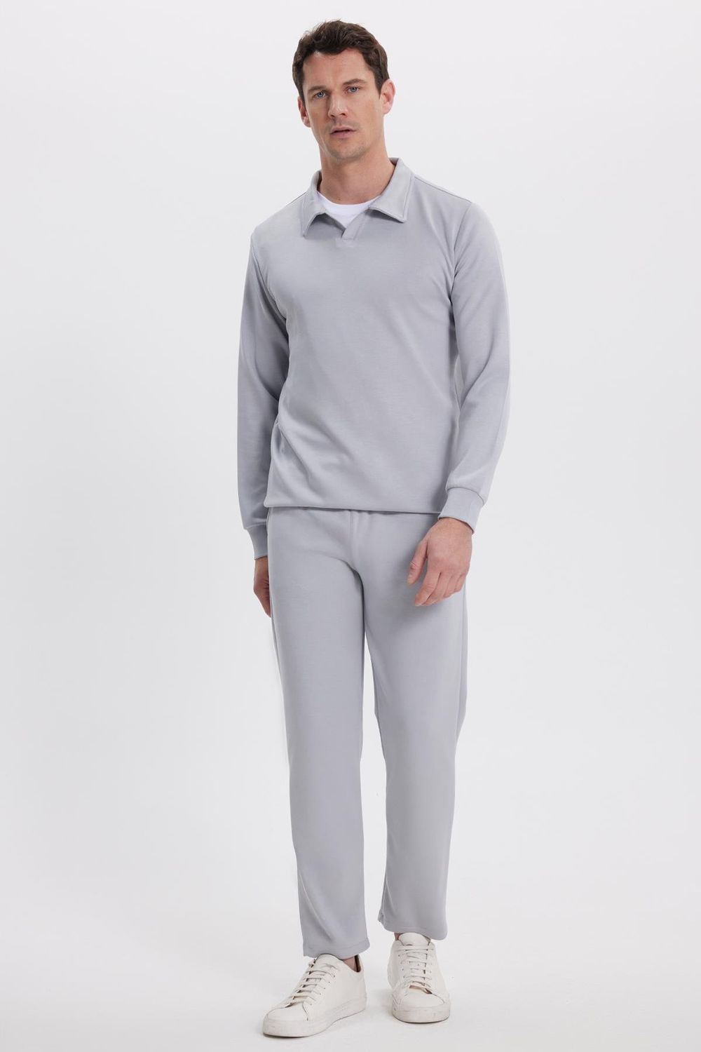 Erkek Slim Fit Dar Kesim Beli Bağcıklı 3 Cepli Geniş Paça Gri Eşofman Altı