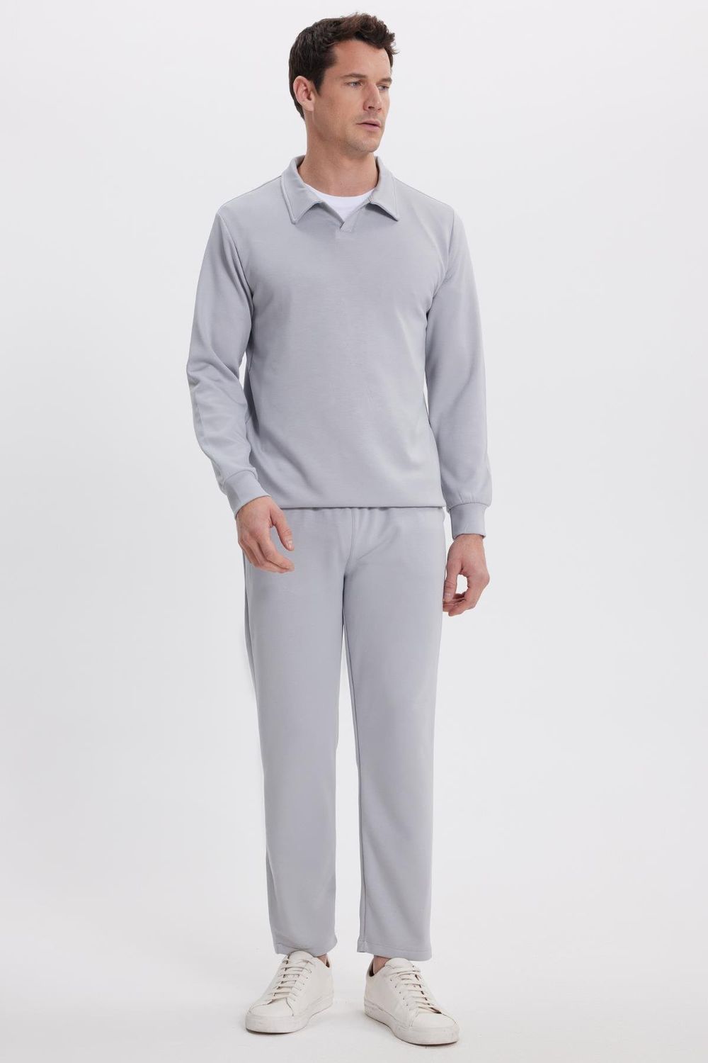 Erkek Slim Fit Dar Kesim Beli Bağcıklı 3 Cepli Geniş Paça Gri Eşofman Altı