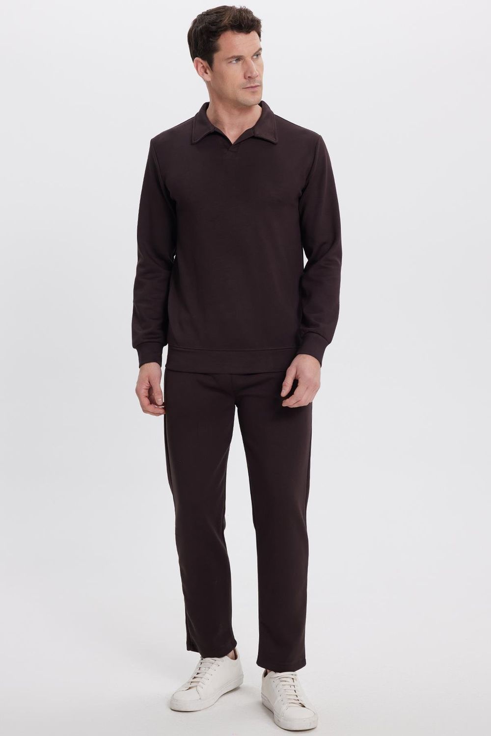 Erkek Slim Fit Dar Kesim Beli Bağcıklı 3 Cepli Geniş Paça Koyu Kahve Eşofman Altı