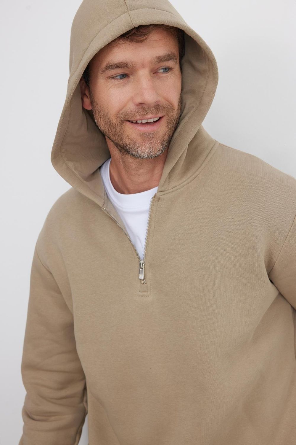 Unisex Relax Fit Rahat Kesim Pamuklu İçi Polarlı Yarım Fermuarlı Gri Kapüşonlu Sweatshirt