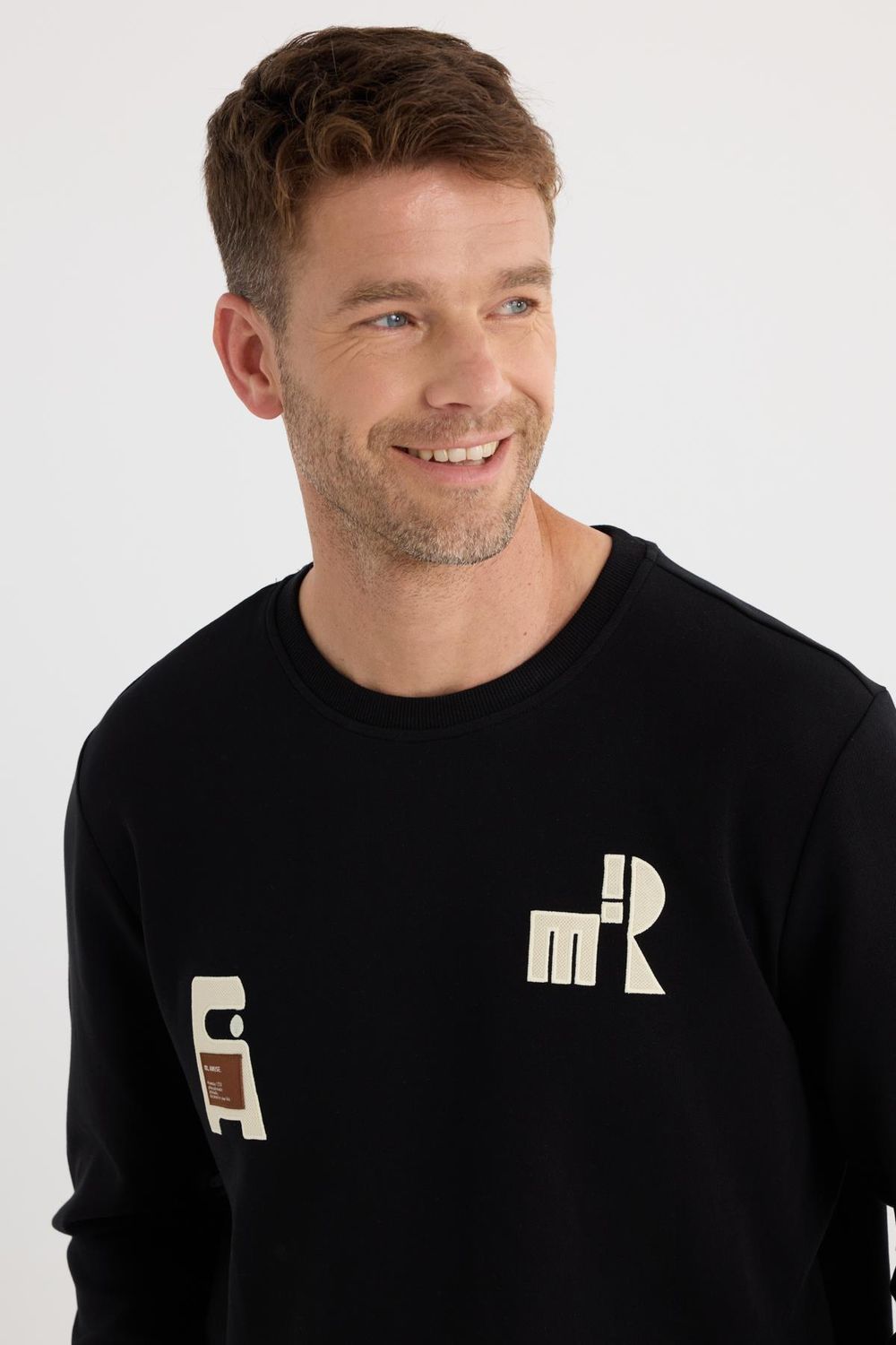 Erkek Relax Fit Rahat Kesim Pamuklu Lastikli Kol Bisiklet Yaka Baskılı Siyah Sweatshirt