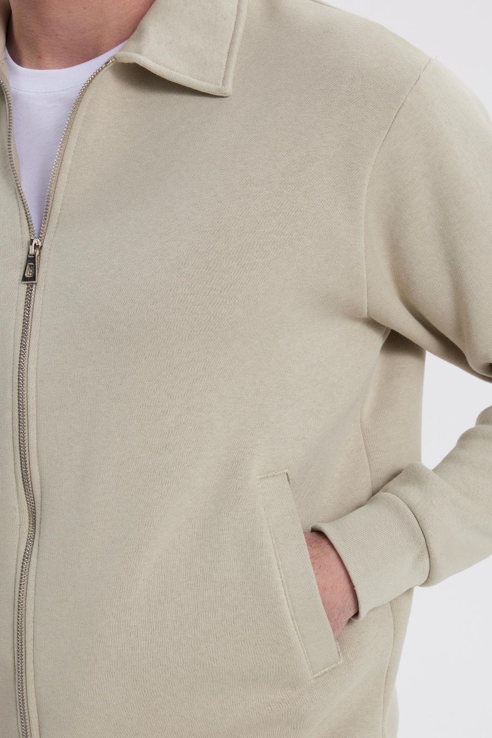 Unisex Relax Fit Rahat Kesim Pamuklu İçi Polarlı Fermuarlı Taş Polo Yaka Flato Cepli Sweatshirt Hırka