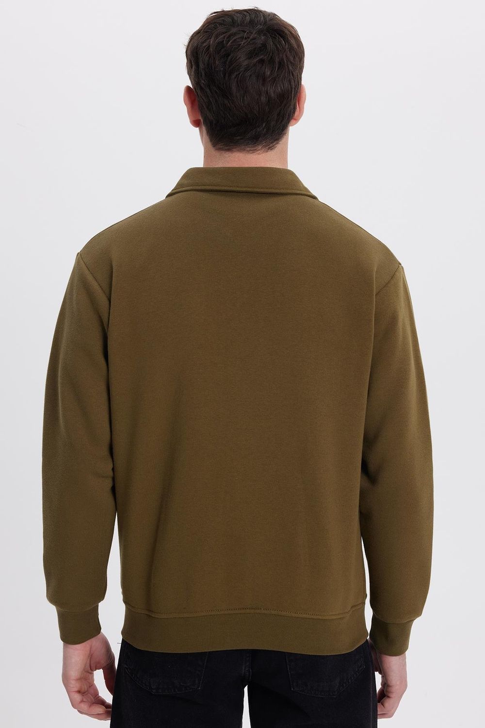 Unisex Relax Fit Rahat Kesim Pamuklu İçi Polarlı Fermuarlı Yeşil Polo Yaka Flato Cepli Sweatshirt Hırka