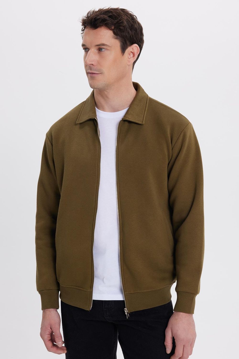 Unisex Relax Fit Rahat Kesim Pamuklu İçi Polarlı Fermuarlı Yeşil Polo Yaka Flato Cepli Sweatshirt Hırka