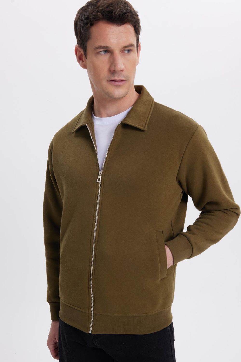 Unisex Relax Fit Rahat Kesim Pamuklu İçi Polarlı Fermuarlı Yeşil Polo Yaka Flato Cepli Sweatshirt Hırka