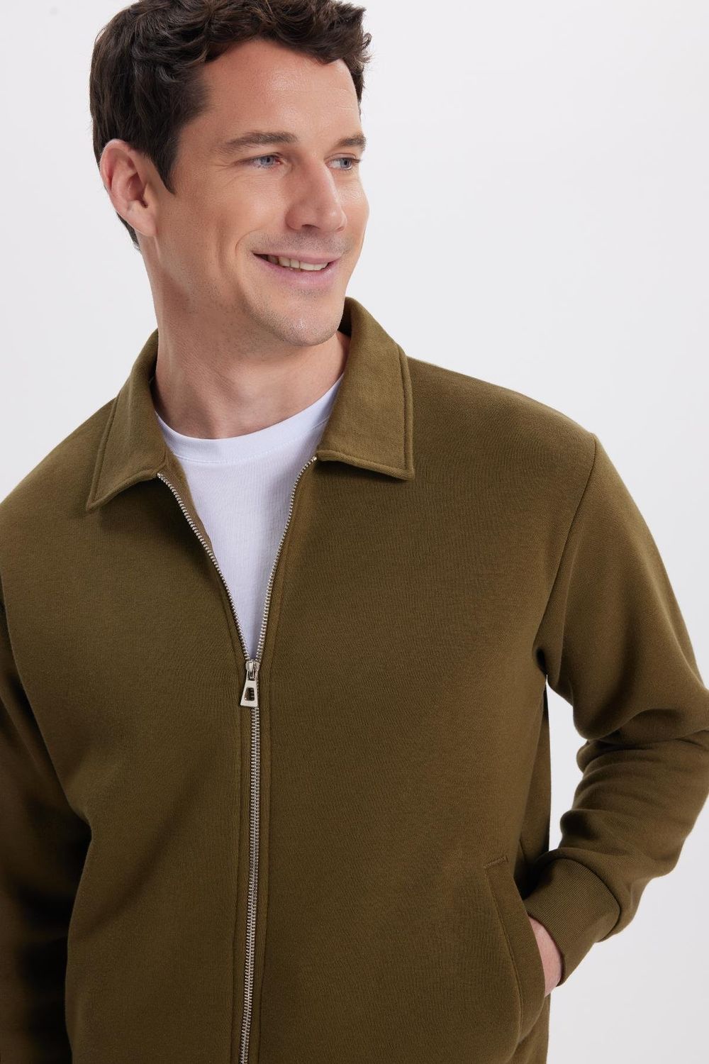 Unisex Relax Fit Rahat Kesim Pamuklu İçi Polarlı Fermuarlı Yeşil Polo Yaka Flato Cepli Sweatshirt Hırka