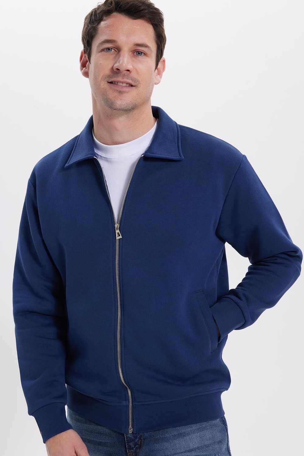 Unisex Relax Fit Rahat Kesim Pamuklu İç Polarlı Fermuarlı Lacivert Polo Yaka Flato Cepli Sweatshirt Hırka