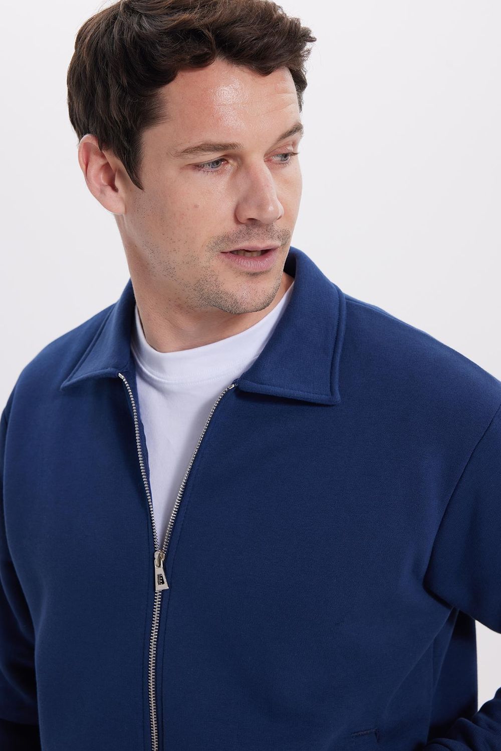 Unisex Relax Fit Rahat Kesim Pamuklu İç Polarlı Fermuarlı Lacivert Polo Yaka Flato Cepli Sweatshirt Hırka