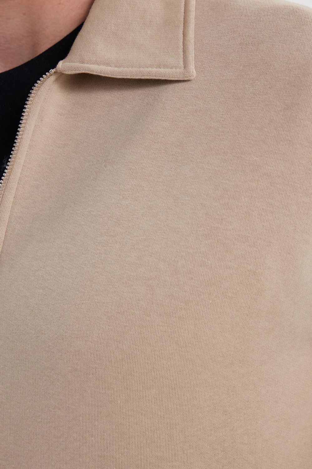 Unisex Relax Fit Rahat Kesim Pamuklu İçi Polarlı Fermuarlı Koyu Bej Polo Yaka Flato Cepli Sweatshirt Hırka