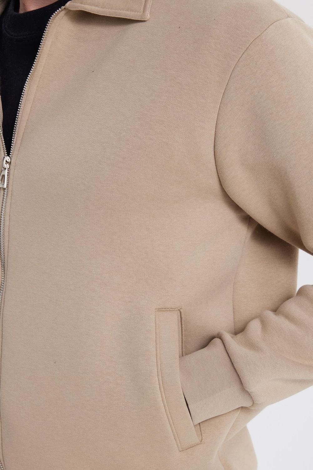 Unisex Relax Fit Rahat Kesim Pamuklu İçi Polarlı Fermuarlı Koyu Bej Polo Yaka Flato Cepli Sweatshirt Hırka