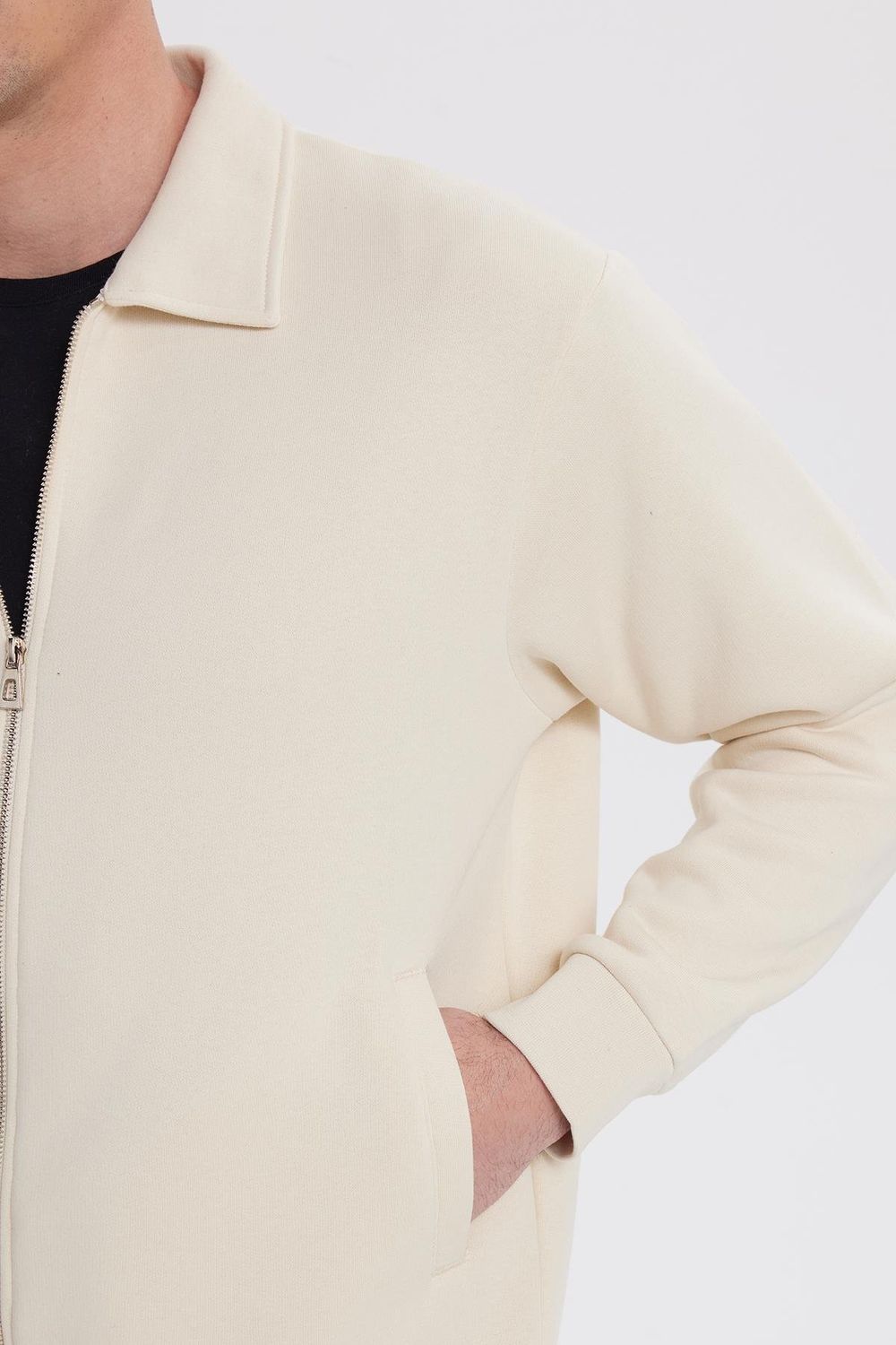 Unisex Relax Fit Rahat Kesim Pamuklu İç Polarlı Fermuarlı Bej Polo Yaka Flato Cepli Sweatshirt Hırka