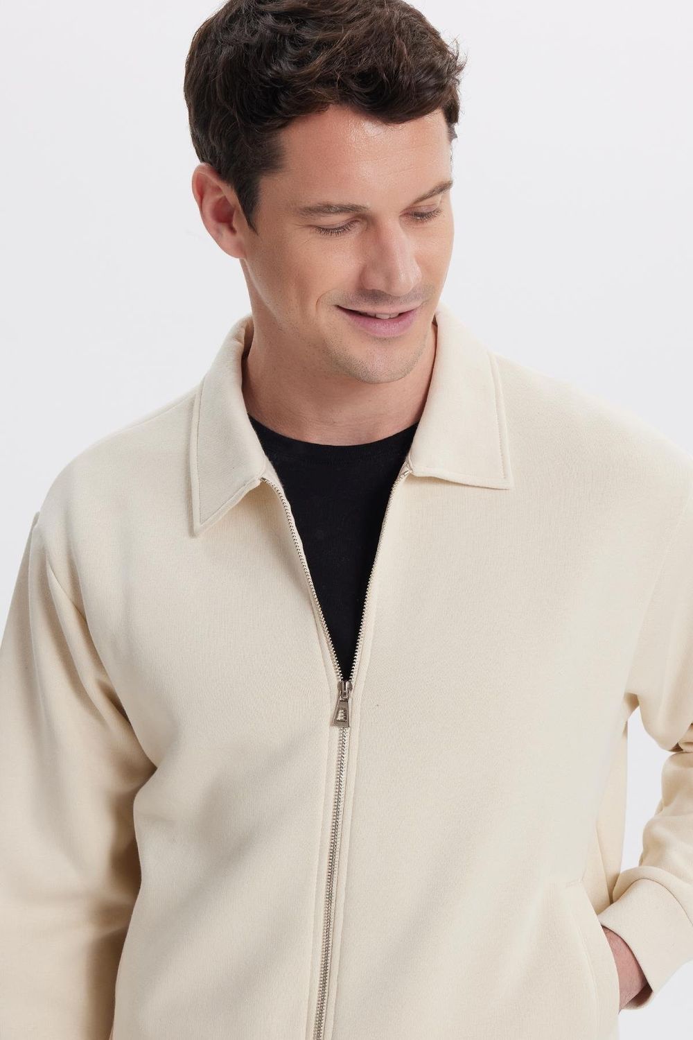 Unisex Relax Fit Rahat Kesim Pamuklu İç Polarlı Fermuarlı Bej Polo Yaka Flato Cepli Sweatshirt Hırka