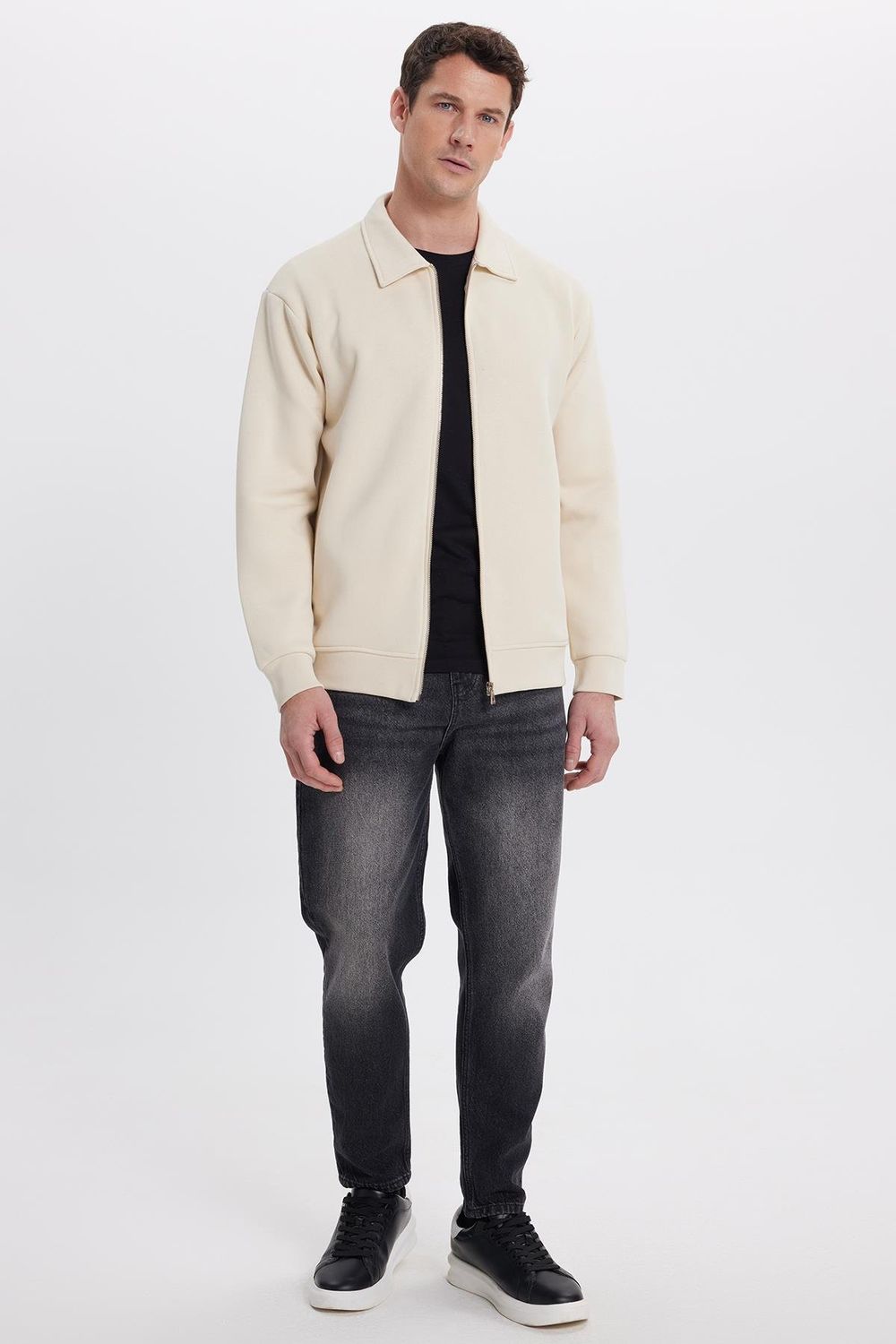 Unisex Relax Fit Rahat Kesim Pamuklu İç Polarlı Fermuarlı Bej Polo Yaka Flato Cepli Sweatshirt Hırka