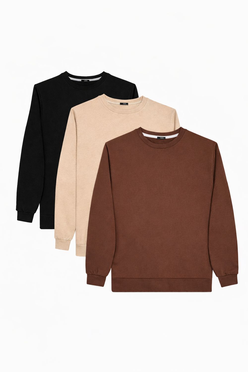 Erkek 3'lü Kahverengi-Taş-Siyah Relax Fit Rahat Kesim %100 Pamuk 2 İplik Bisiklet Yaka Sweatshirt